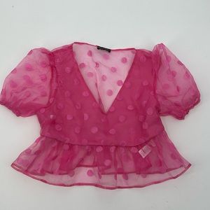 Miss Selfridge top size 6 crop top polka dot hot pink puff sleeve